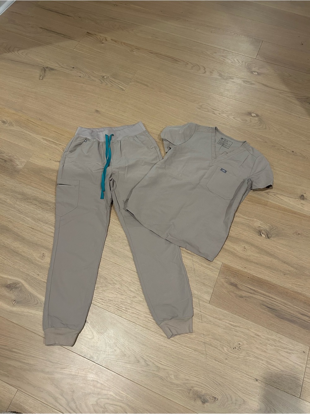 Figs Beige Jogger Set with Teal Drawstring